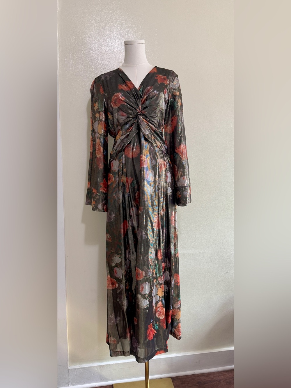 Metallic Floral Twist-Front Maxi Dress - Black Multi